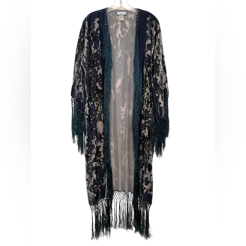 Simply Silk Burnout Velvet Fringed Open Front Silk Blend Kimono One Size